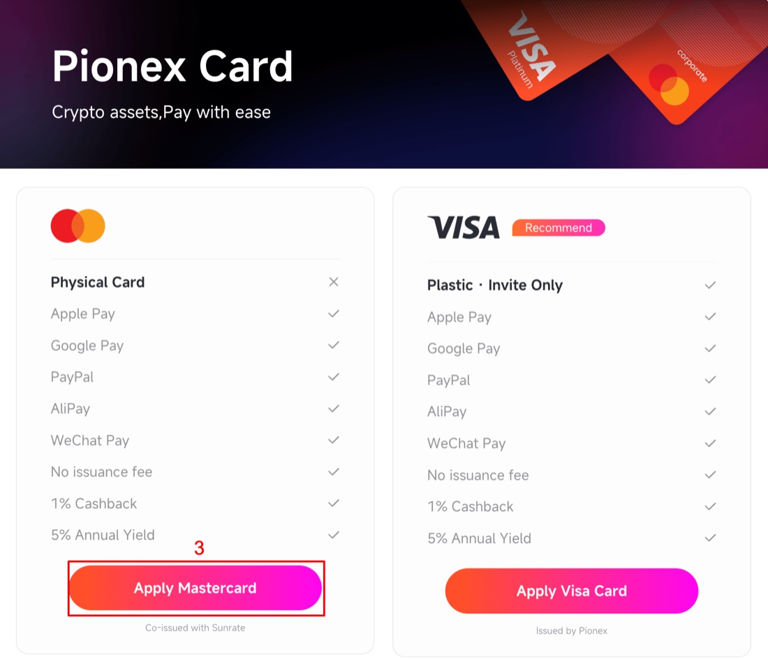 Выбор типа карты Pionex: Mastercard или Visa, у обеих нет платы за выпуск, кэшбэк 1% и 5% годовых